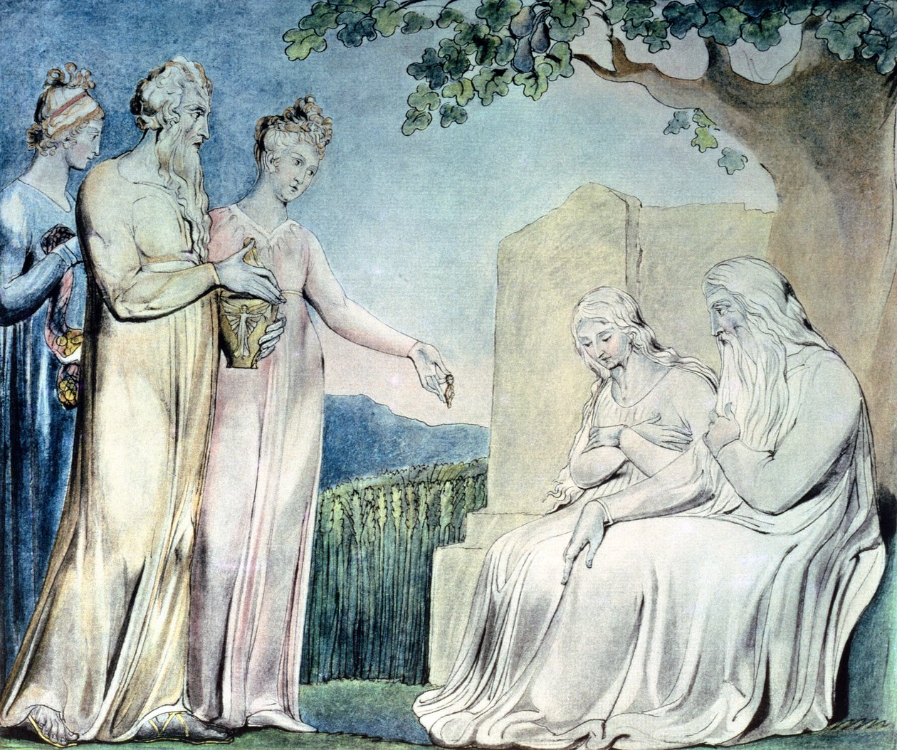 Ilustrações do Livro de Jó; Job aceitando Caridade, 1825 (caneta, wc e lápis) de William Blake
