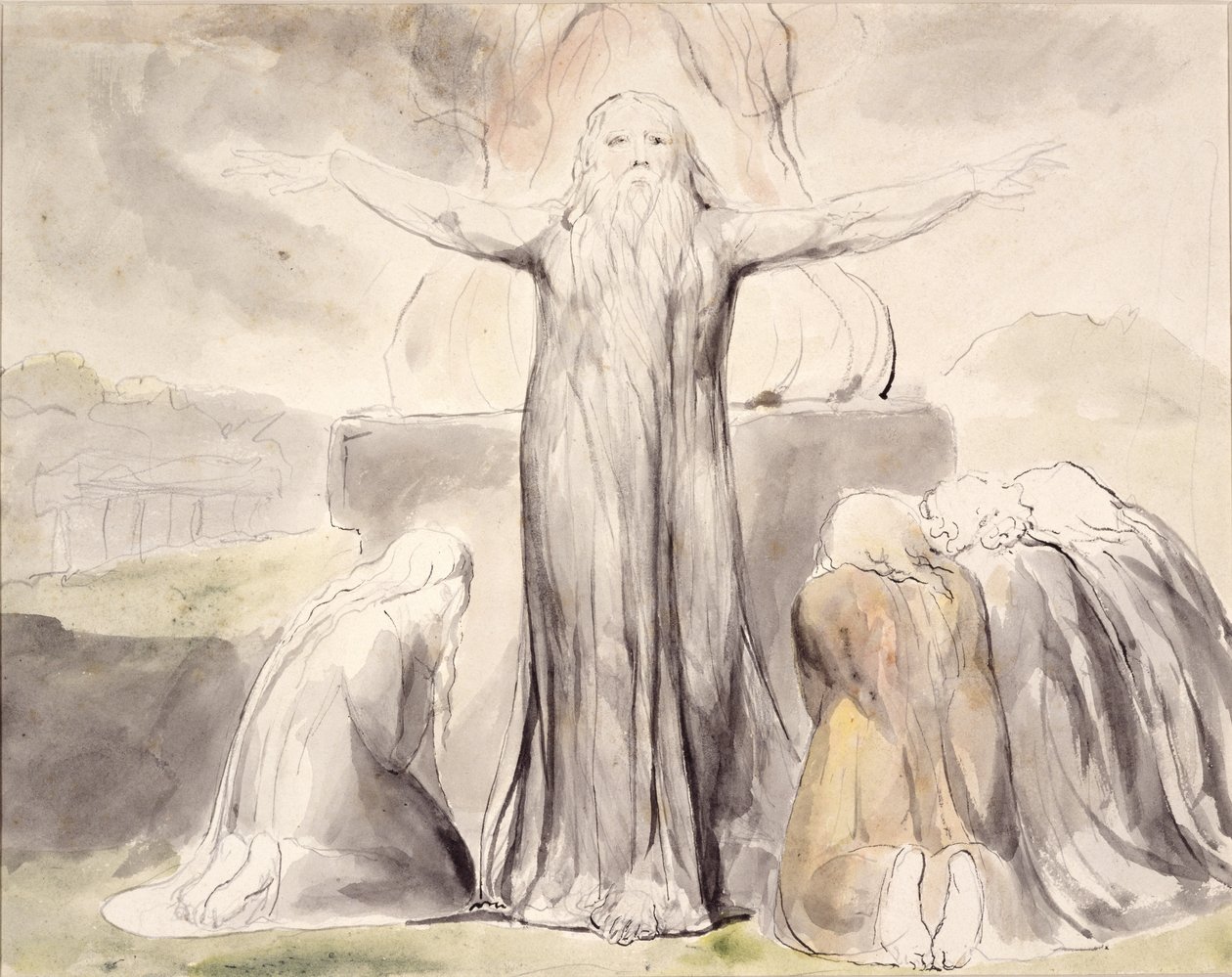 Sacrifício de Jó: E meu servo Jó orará por você (caneta e tinta com aquarela sobre papel) de William Blake