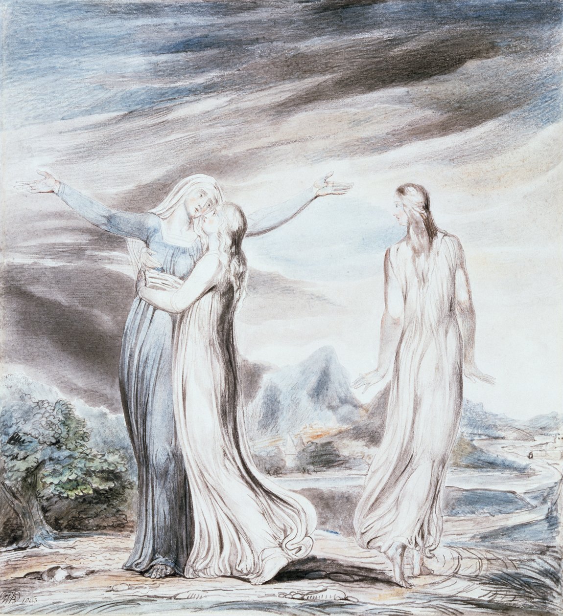 Noemi implorando a Rute e Orpa para retornar à terra de Moabe de William Blake