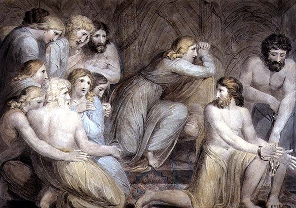 No.0456b Joseph ordenando que Simeon fosse encadernado, placa 2 de "A História de Joseph", c.1785 (caneta e tinta e aquarela sobre lápis sobre papel) de William Blake