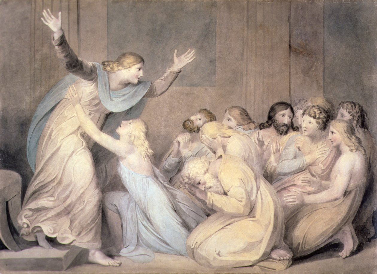 No.0456c Joseph dando-se a conhecer aos seus irmãos, placa 3 de "A História de Joseph", c.1785 (lápis, aguarela, caneta e tinta sobre papel) de William Blake