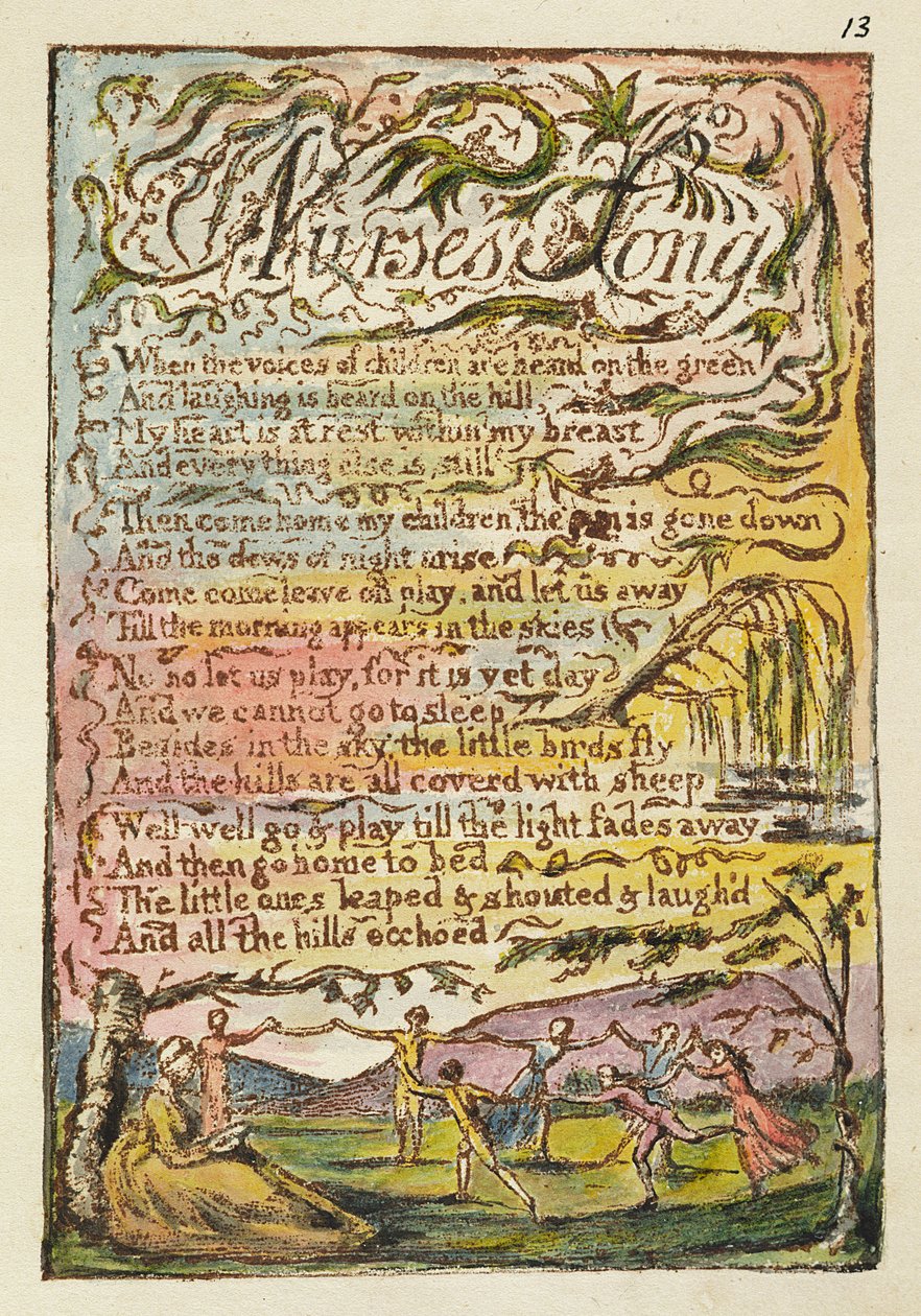 Canção da Enfermeira, ilustração de &39;Canções da Inocência e da Experiência&39;, (Bentley Copy L) pl.13 (Bentley 24) 1789-94 (gravura em relevo com caneta e wc no papel) de William Blake