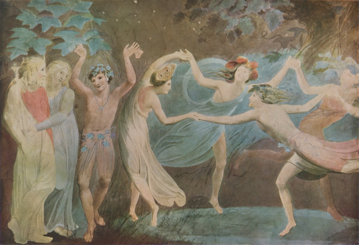 Oberon, Titania e Puck com fadas dançando, 1786 de William Blake