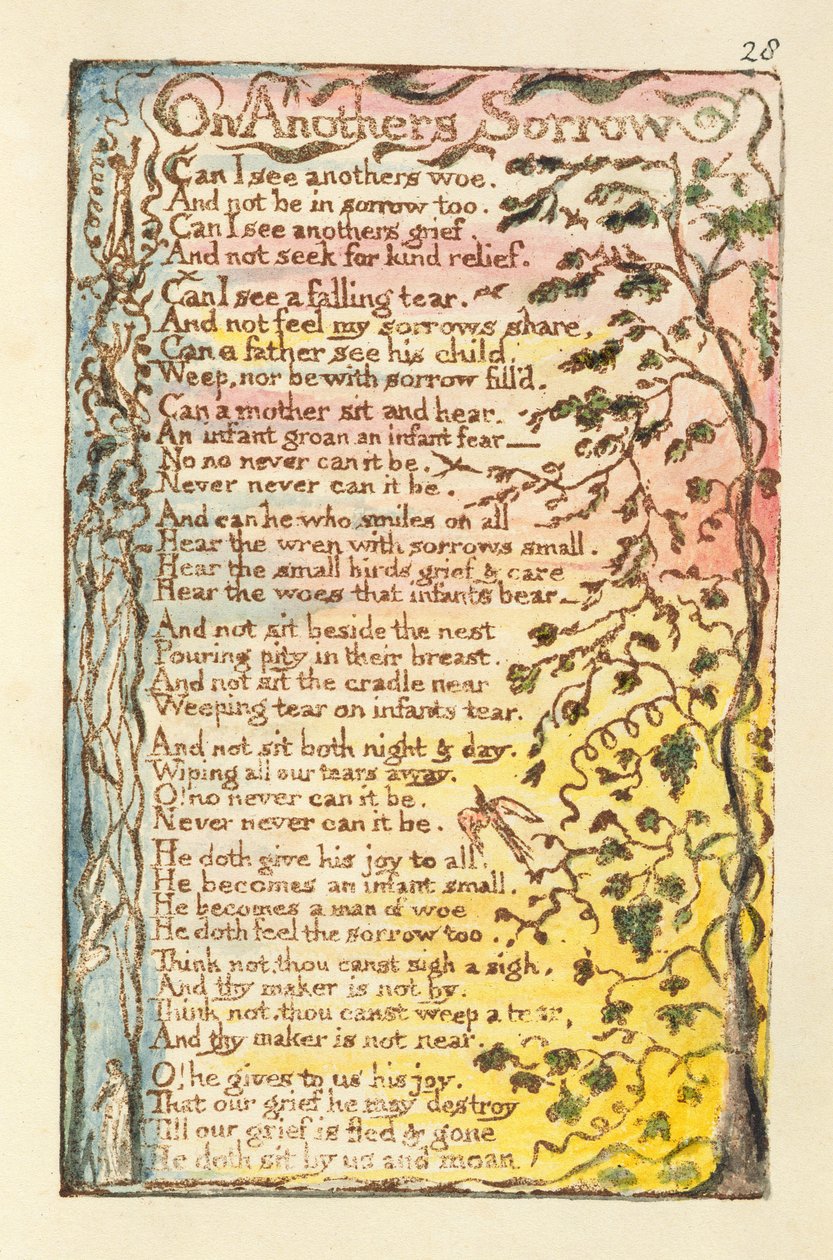 On Another&39;s Sorrow, ilustração de &39;Songs of Innocence and of Experience&39; (Bentley Copy L) pl.28 (Bentley 27) 1789-94 (gravura em relevo com caneta e aquarela sobre papel) de William Blake