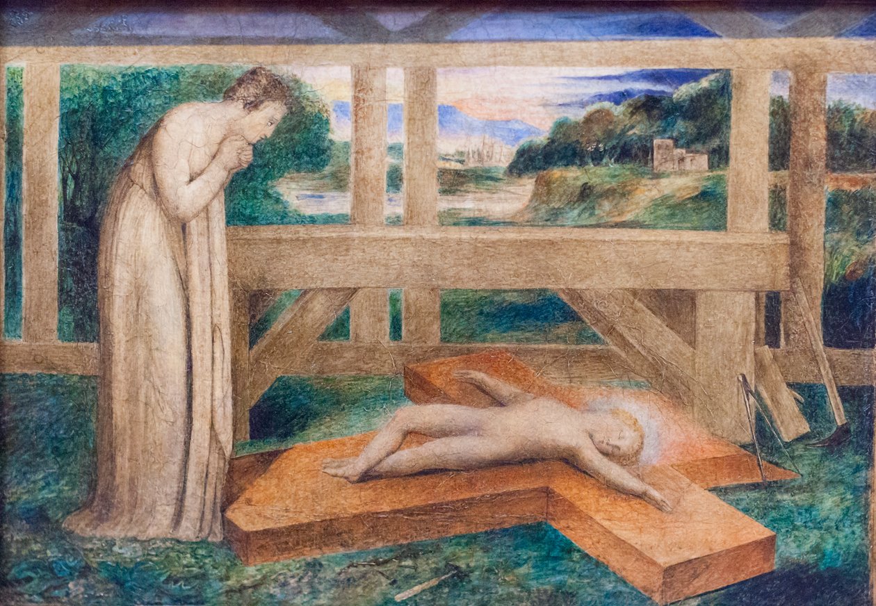 A nossa senhora adorando o menino Jesus adormecido numa cruz, cerca de 1799-1800 (tempera sobre tela) de William Blake