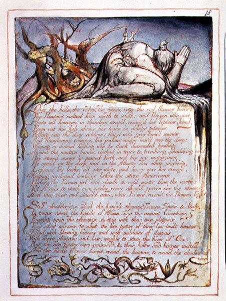 "Over the Hills", placa 16 de "America, a Prophecy". de William Blake