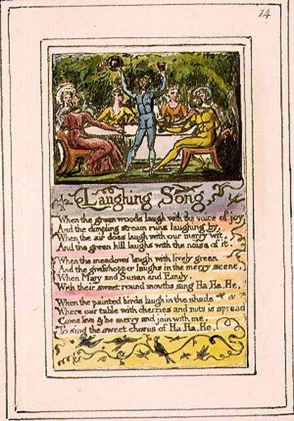 P.124-1950.pt14 Canção do riso: placa 14 de Canções da Inocência e da Experiência (cópia R) c.1802-08 (gravura, tinta e aguarela) de William Blake