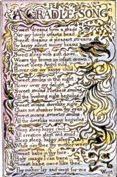 P.124-1950.pt15 A Cradle Song: plate 15 from Songs of Innocence and of Experience (copy R) c.1802-08 (gravura, tinta e aguarela) de William Blake
