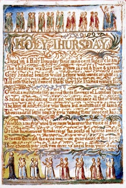 P.125-1950.pt19 Quinta-feira Santa: placa 19 de Cantares da Inocência e da Experiência (cópia AA) c.1815-26 (gravura, tinta e aguarela) de William Blake