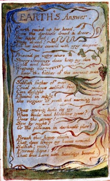 P.125-1950.pt31 Resposta da Terra: placa 31 de Canções da Inocência e da Experiência (cópia AA) c.1815-26 (gravura, tinta e aguarela) de William Blake