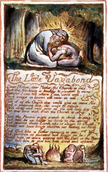 P.125-1950.pt45 The Little Vagabond: plate 45 from Songs of Innocence and of Experience (copy AA) c.1815-26 (gravura, tinta e aguarela) de William Blake