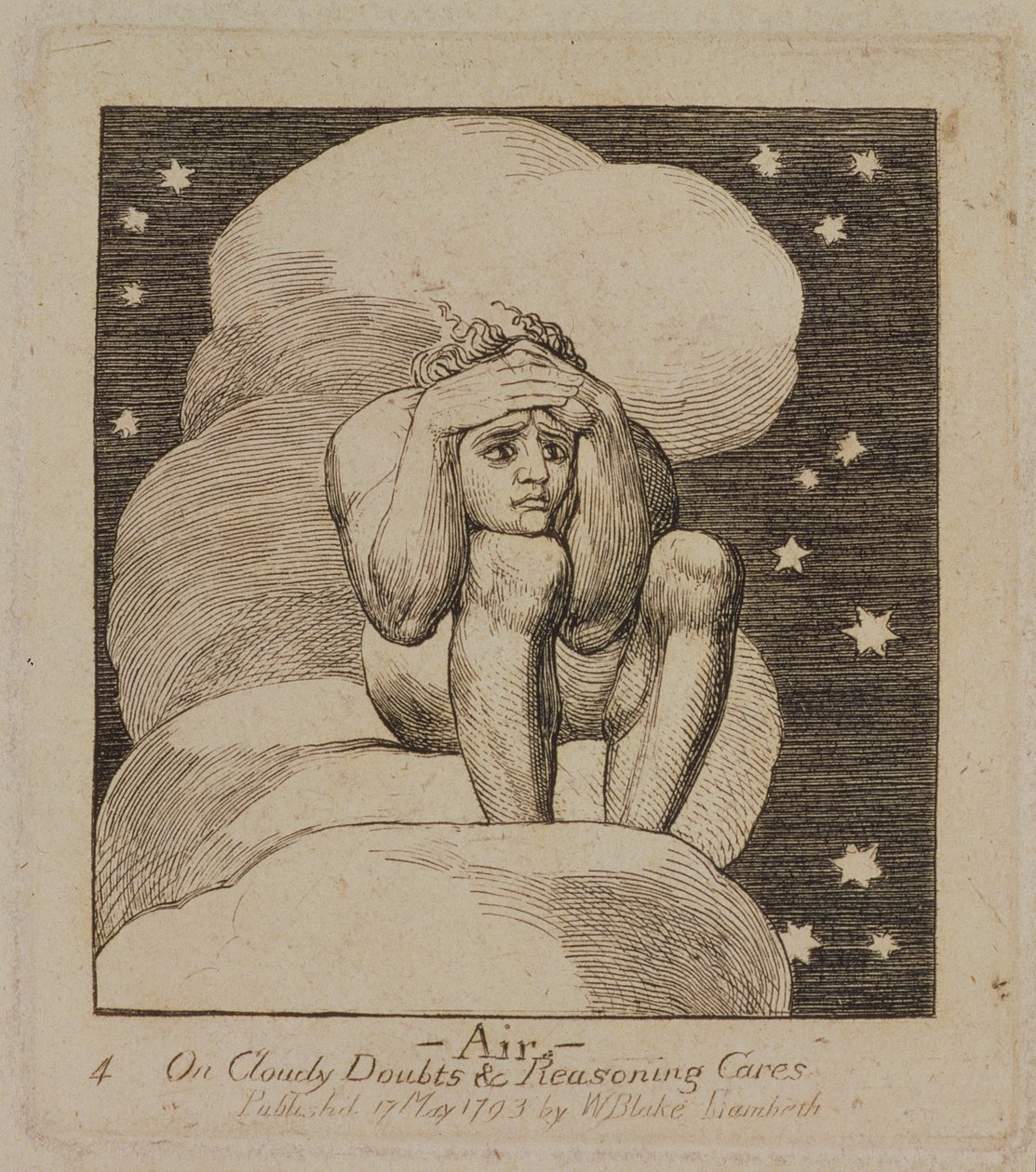 P.440-1985 Air, On Cloudy Doubts e Reasoning Cares, prato 4 de &39;The Gates of Paradise&39;, primeiro pub. 17 de maio de 1793, 1818-25 (linha de gravura) de William Blake