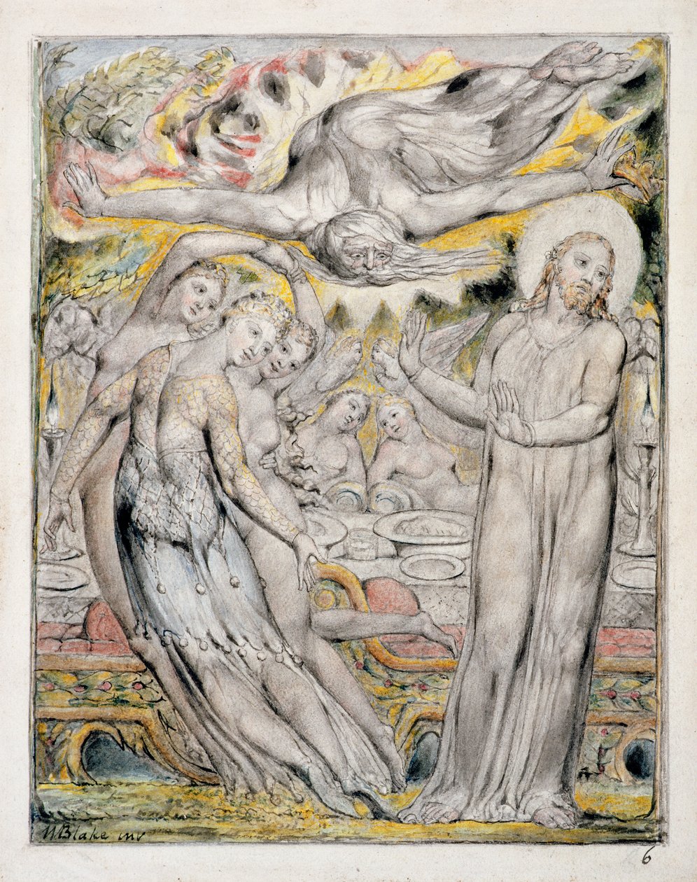 PD.18-1950 Cristo recusando o banquete oferecido por Satanás, de &39;Paraíso reconquistado&39; por John Milton, c.1816-18 (wc, caneta e tinta com lavagem) de William Blake