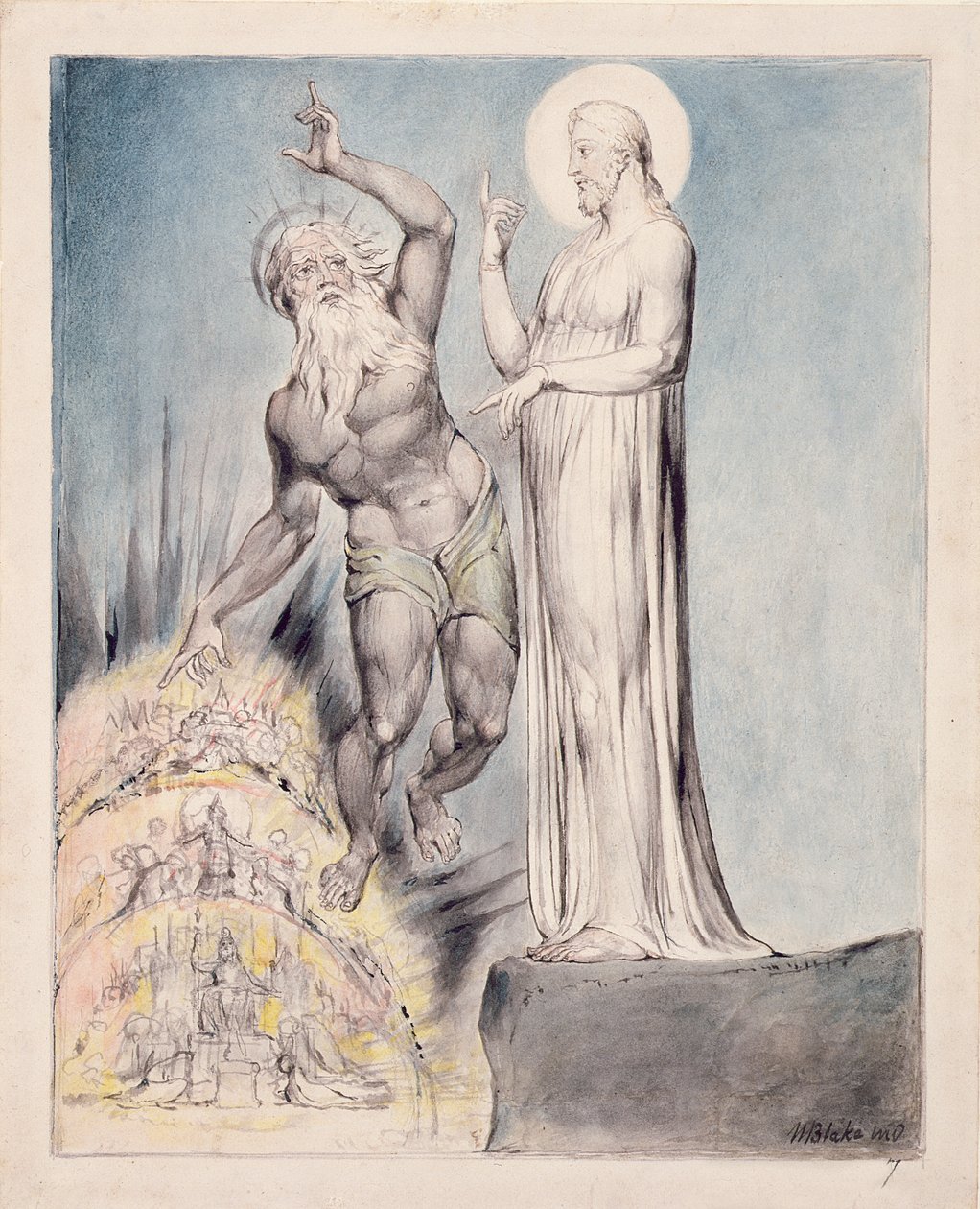 PD.19-1950 Satanás tenta Cristo com os Reinos da Terra, do "Paraíso Recuperado" de Milton, Livro III, linhas 251-426, c.1816-18 (caneta e tinta, lavagem cinza e wc no papel) de William Blake