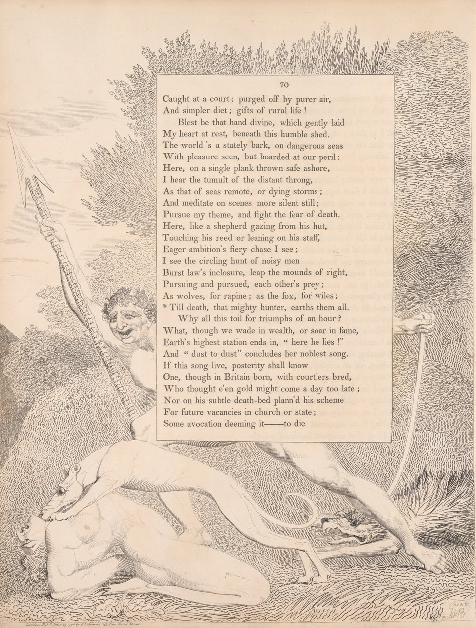 Placa 32 (página 70): "Até que a morte, esse poderoso caçador, os aterre a todos de William Blake