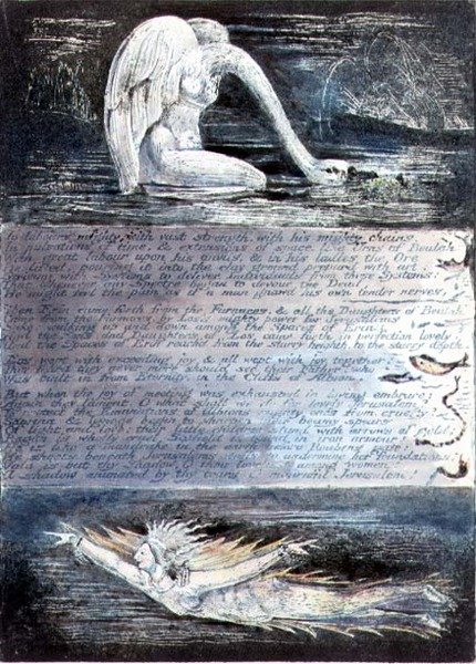 Placa II, Jerusalém, c.1804-20. As filhas de Albion representadas por criaturas parecidas com cisnes e peixes. de William Blake
