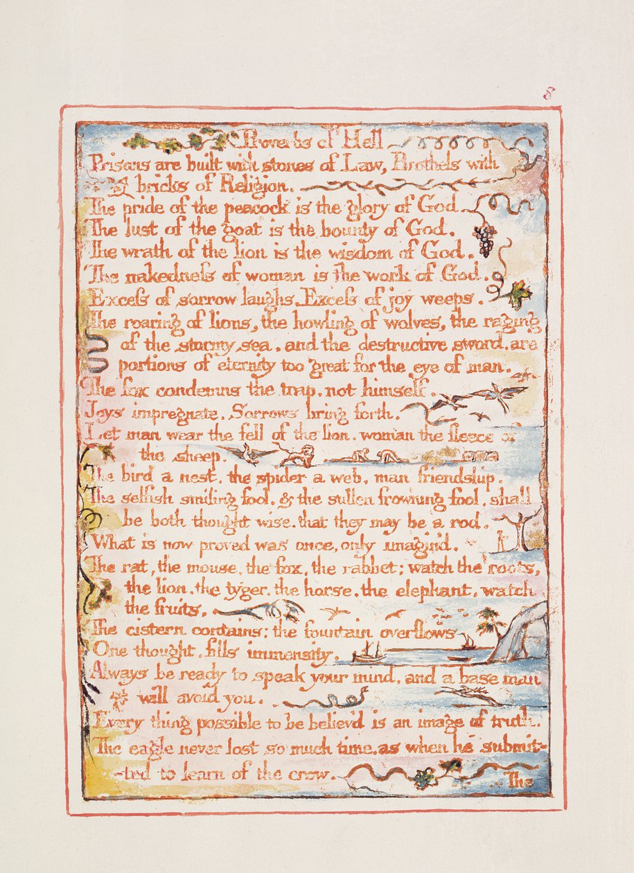 Provérbios do Inferno, texto de &39;O Casamento do Céu e do Inferno&39;, c.1790-3 (gravura em relevo terminada em caneta e wc) de William Blake