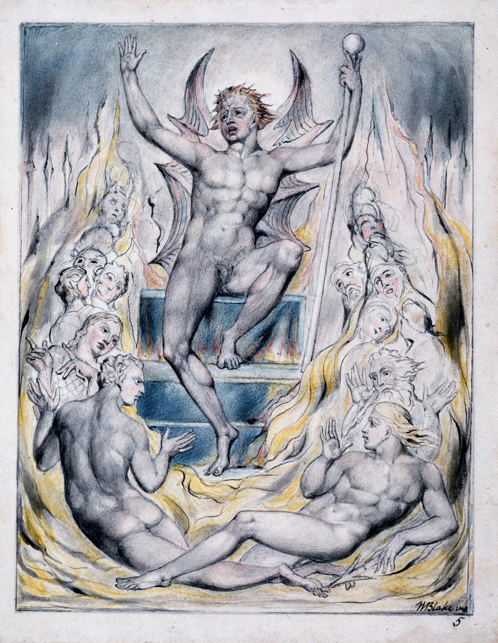 Satanás dirigindo-se aos seus potentados, ilustração de "Paradise Regained" de John Milton, c.1816-18 (caneta e tinta, aguarela e aguarela sobre papel) de William Blake