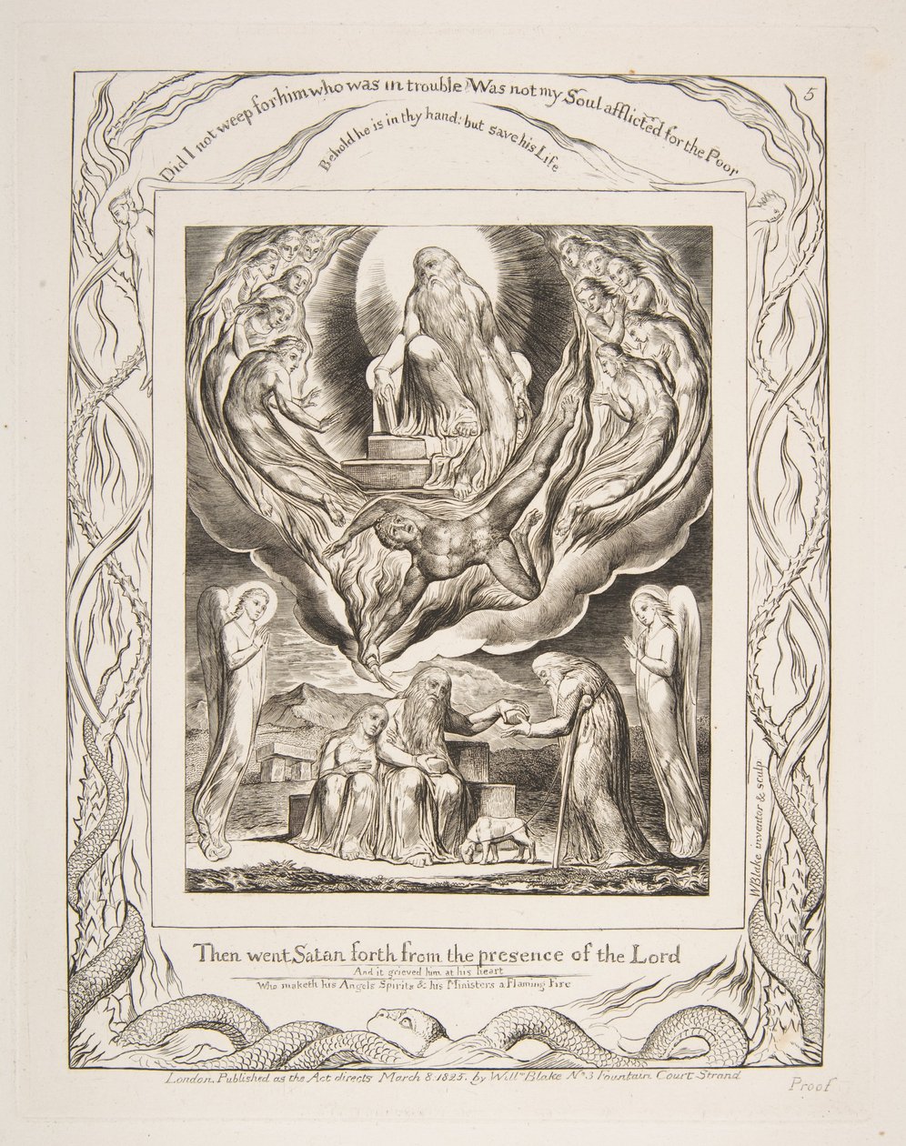 Satanás indo adiante da presença do Senhor, das Ilustrações do Livro de Jó, 1825-26. de William Blake