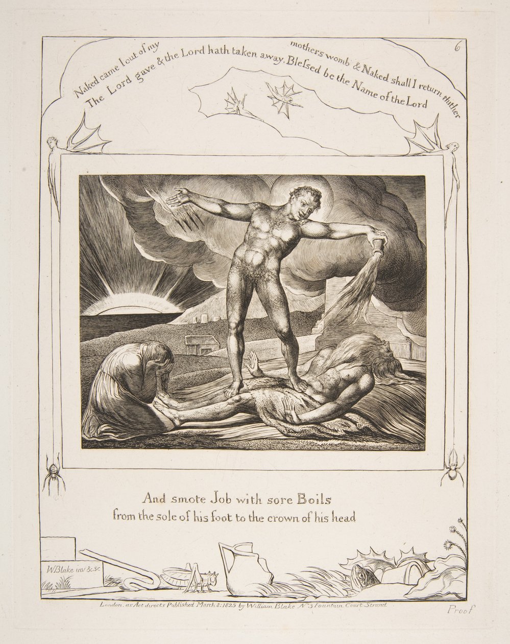 Satanás ferindo Jó com furúnculos, das Ilustrações do Livro de Jó, 1825-26. de William Blake