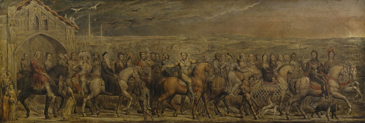Sir Jeffrey Chaucer (c.1342-1400) e os Nove e Vinte Peregrinos na sua Viagem a Cantuária (têmpera sobre tela) de William Blake