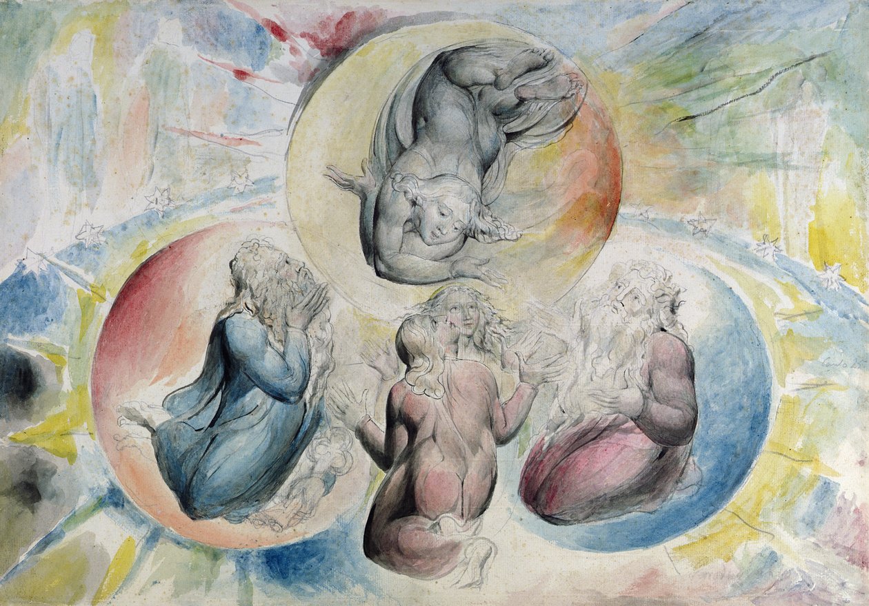 São Pedro, São Tiago, Dante e Beatriz com São João Também de "A Divina Comédia" de Dante Alighieri" 1824-27 (caneta, tinta e aguarela sobre lápis sobre papel) de William Blake