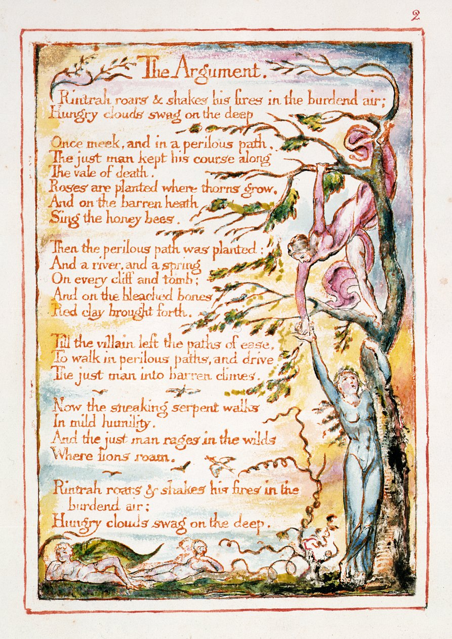 O Argumento, ilustração e texto de &39;O Casamento do Céu e do Inferno&39;, c.1790-3 (relevo gravura terminado em caneta e wc) de William Blake