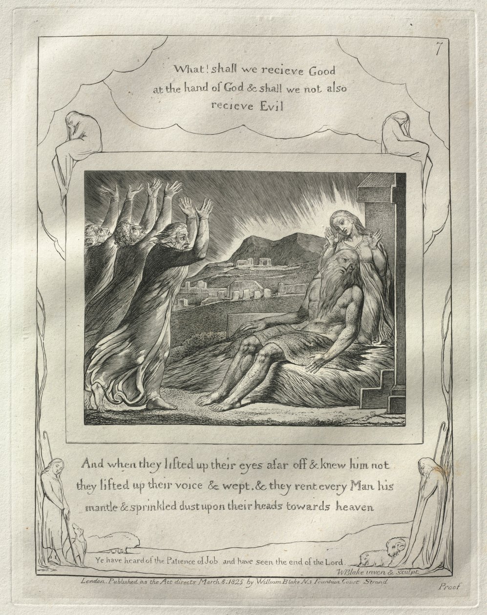 O Livro de Jó: No. 7, e Quando eles levantaram os olhos ao longe e não o conheciam ..., 1825. de William Blake