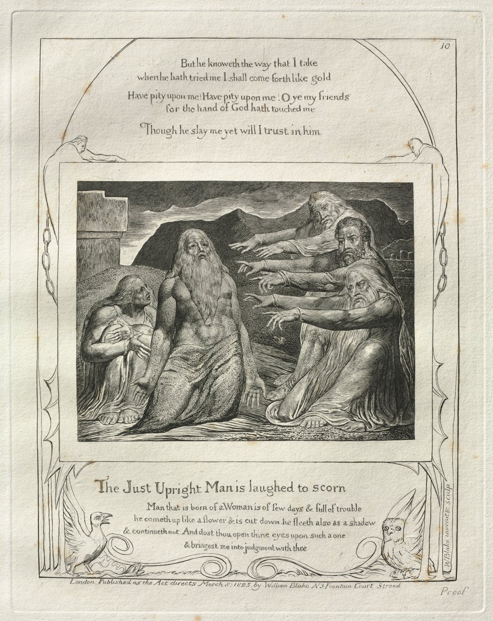 O Livro de Jó: Pl. 10, The Just Upright Man é ridicularizado com desprezo de William Blake