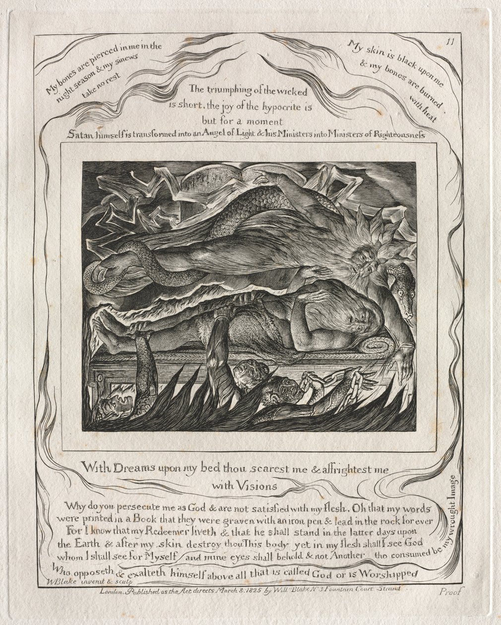 O Livro de Jó: Pl. 11: Com sonhos na minha cama, tu me assusta e me agrada ..., 1825. de William Blake