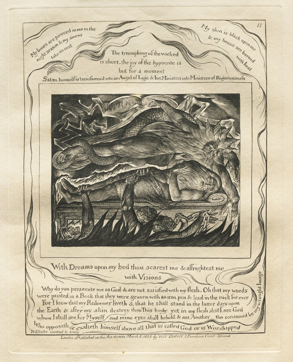 O Livro de Jó: Pl. 11: Com sonhos na minha cama, tu me assusta e me agrada ..., 1825. de William Blake