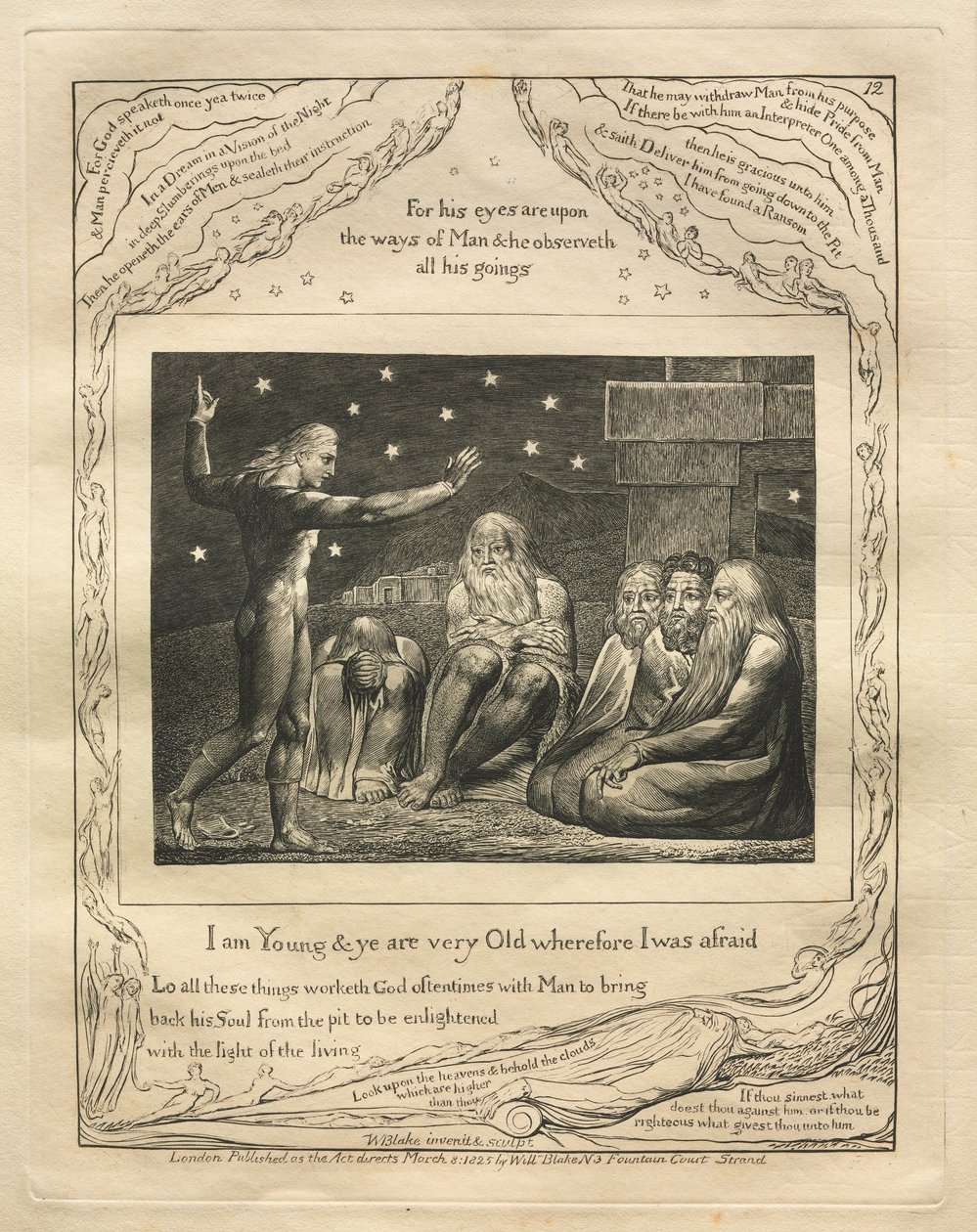 O Livro de Jó: Pl. 12, sou jovem e vós sois muito velhos, por isso tive medo de William Blake