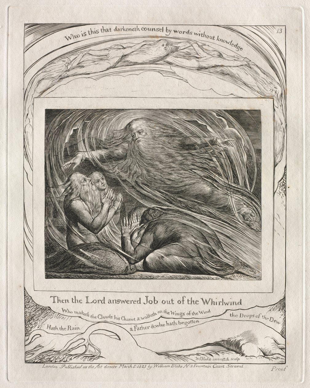 O Livro de Jó: Pl. 13, Então o Senhor respondeu a Jó fora do redemoinho, 1825. de William Blake