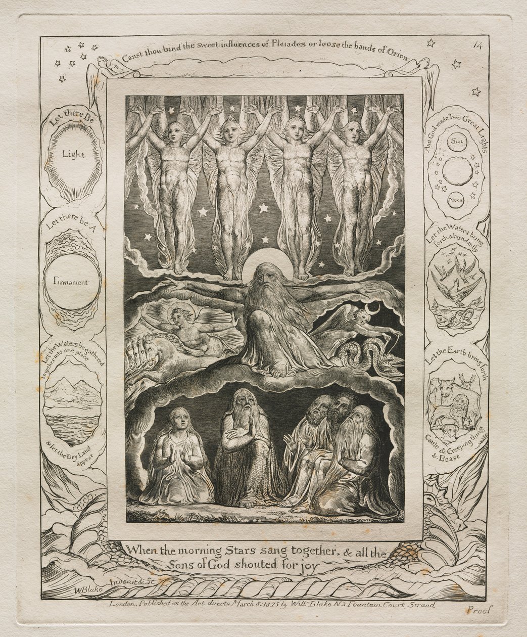 O Livro de Jó: Pl. 14, Quando as estrelas da manhã cantavam juntas, e todos os / Filhos de Deus gritavam de alegria de William Blake