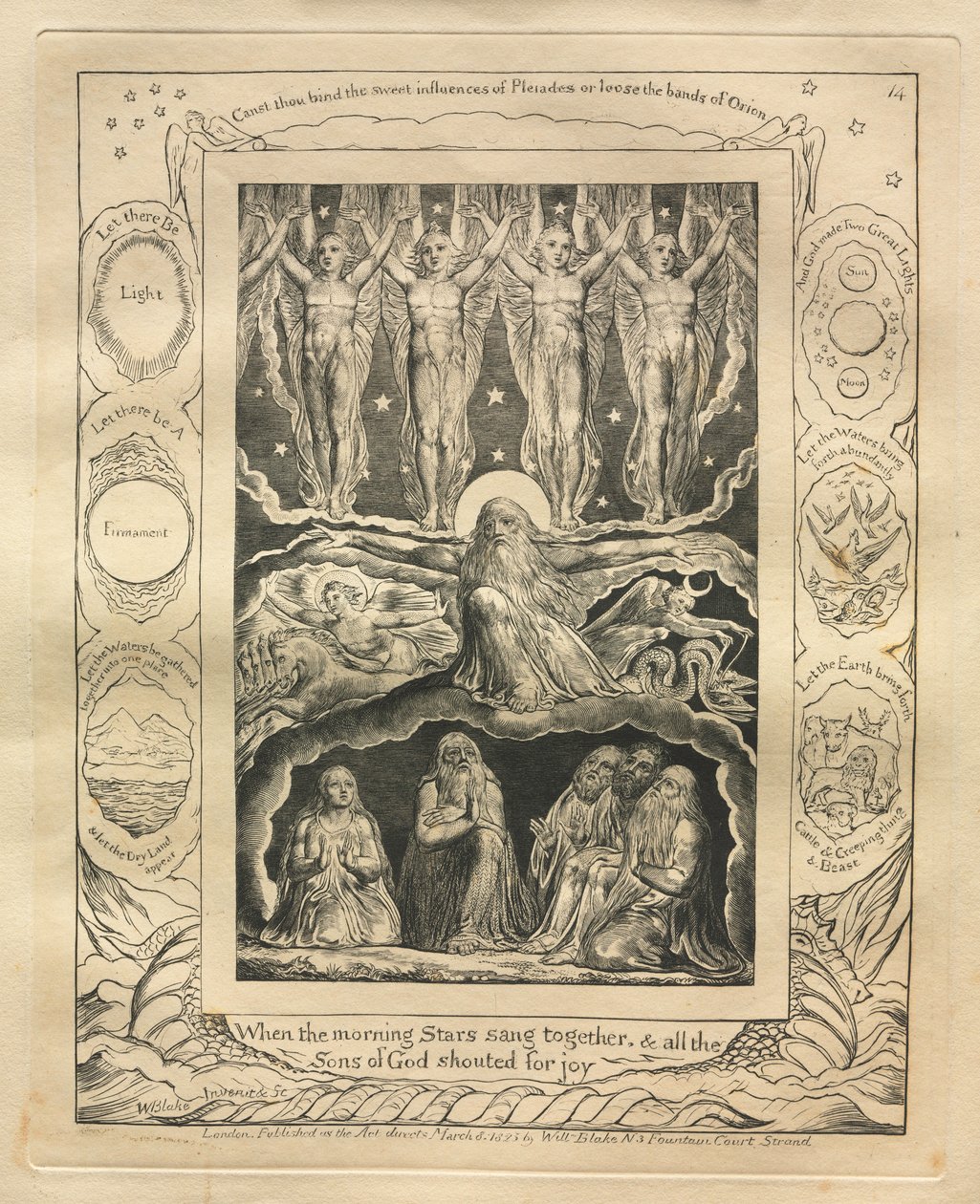 O Livro de Jó: Pl. 14, Quando as estrelas da manhã cantaram juntas, e todos os filhos de Deus ..., 1825. de William Blake