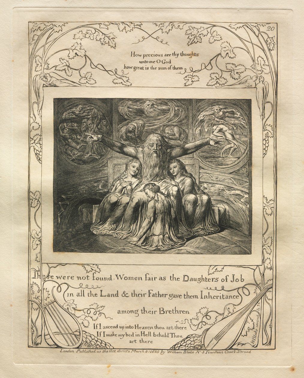 O Livro de Jó: Pl. 20, não foram encontradas mulheres justas como filhas de Jó em toda a terra; de William Blake