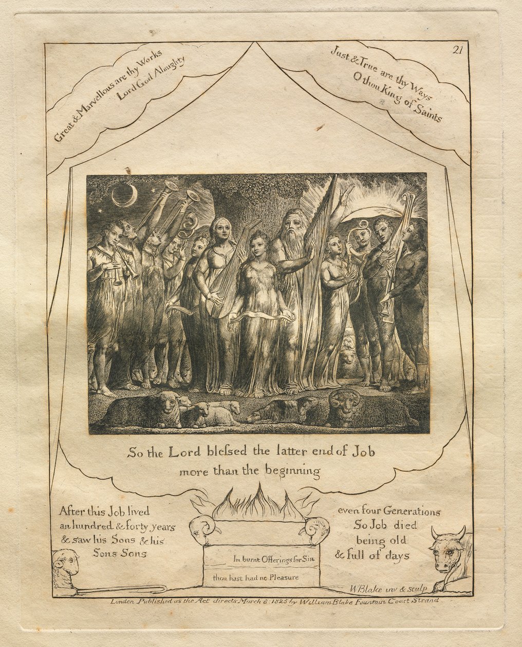 O Livro de Jó: Pl. 21, Portanto, o Senhor abençoou o fim de Jó mais do que o começo de 1825. de William Blake