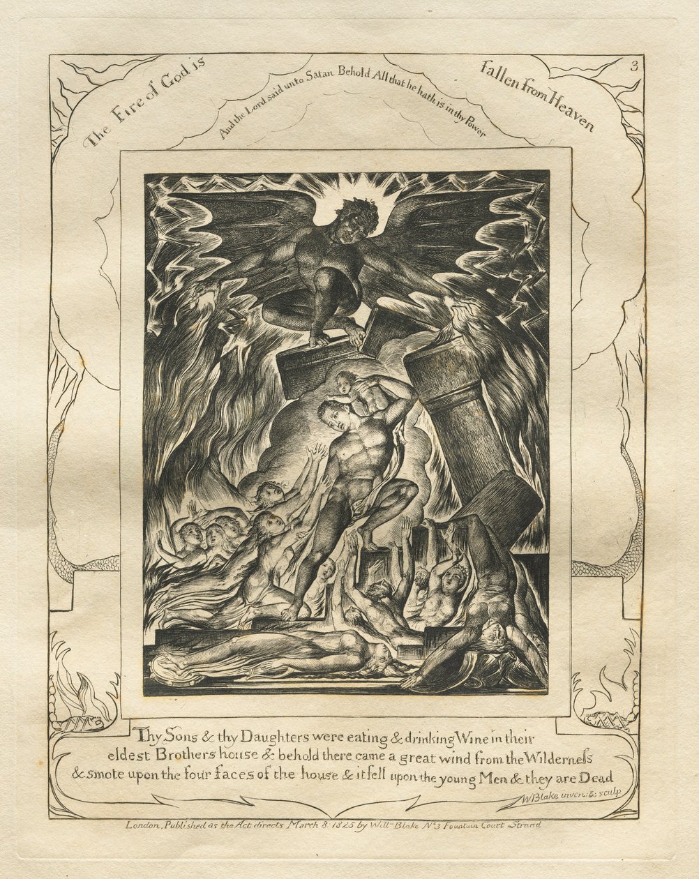 O Livro de Jó: Pl. 3, teus filhos e tuas filhas estavam comendo e bebendo vinho ..., 1825. de William Blake