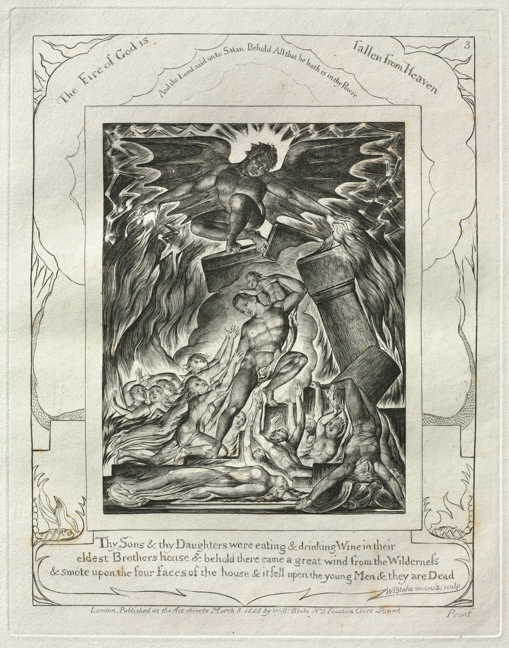 O Livro de Jó: Pl. 3, Teus filhos e tuas filhas estavam comendo e bebendo vinho na casa de seus irmãos mais velhos de William Blake
