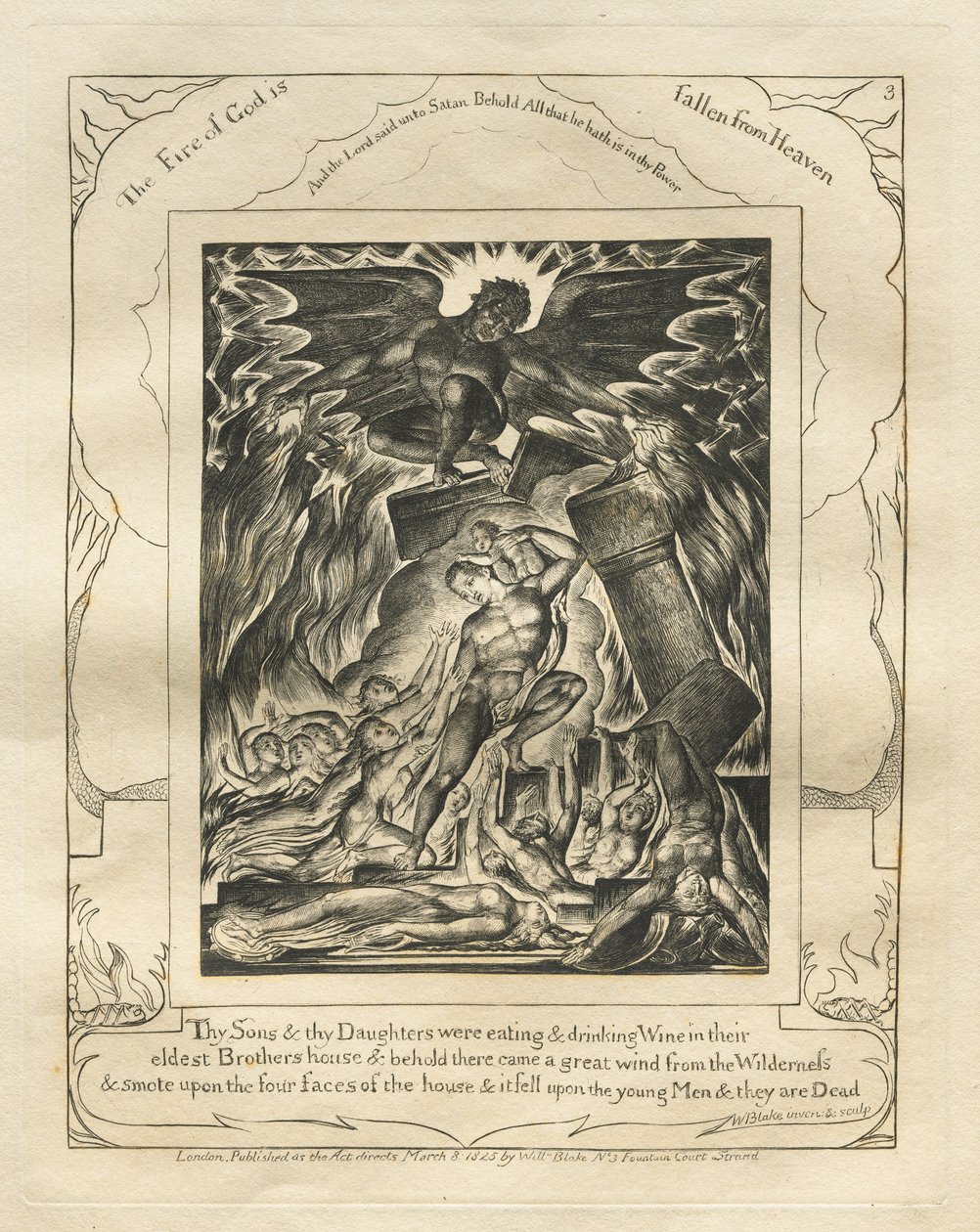 O Livro de Jó: Pl. 3, Teus filhos e tuas filhas estavam comendo e bebendo vinho na casa de seus irmãos mais velhos de William Blake