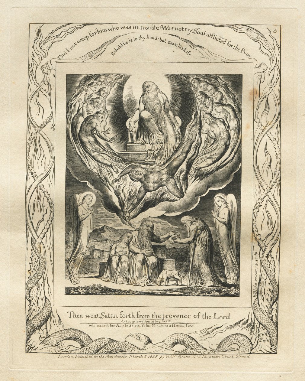 O Livro de Jó: Pl. 5, Então Satanás saiu da presença do Senhor, 1825. de William Blake
