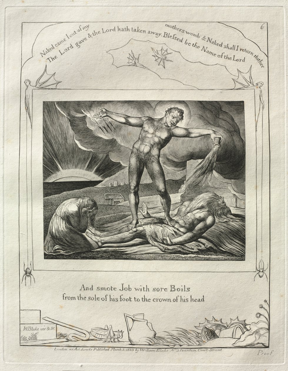 O Livro de Jó: Pl. 6, E feriu Jó com furúnculos doloridos / desde a sola do pé até o alto da cabeça de William Blake