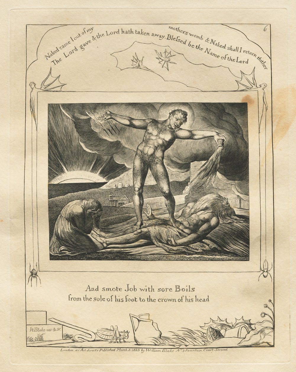 O Livro de Jó: Pl. 6, e feriu Jó com furúnculos doloridos, desde a planta do pé até a coroa ..., 1 de William Blake