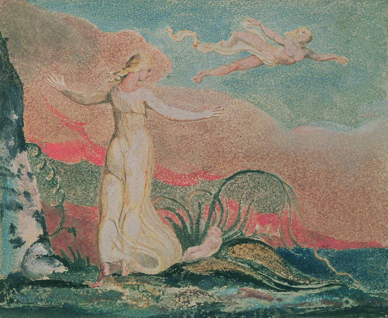 O livro de Thel; Placa 4 Thel no Vale do Har, 1794 (gravura em relevo impressa a cores) de William Blake