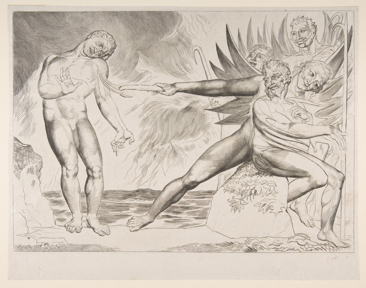 O círculo de funcionários corruptos: os demônios atormentam Ciampolo, de Dantes Infer ..., ca. 1825-27. de William Blake