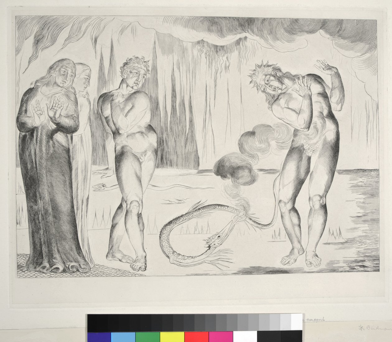 O Círculo dos Ladrões: Buoso Donati Atacada pela Serpente, Inferno, Canto XXV, ilustração à &39;Divina Comédia&39; de Dante Alighieri, 1827 de William Blake