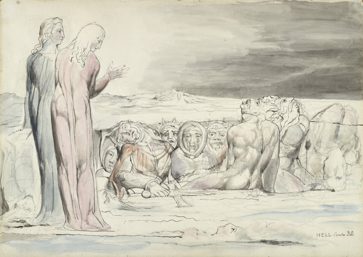 O Círculo de Traidores: Alberti Brothers, ilustração à Divina Comédia de Dante Alighieri, 1824-27 (caneta e tinta com wc sobre lápis e giz sobre papel) de William Blake