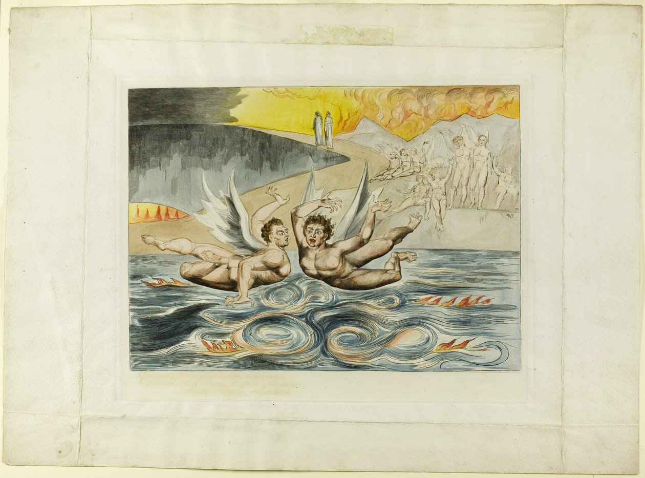 O Círculo dos Funcionários Corruptos; os diabos atacando uns aos outros. Inferno, canto XXII. de William Blake