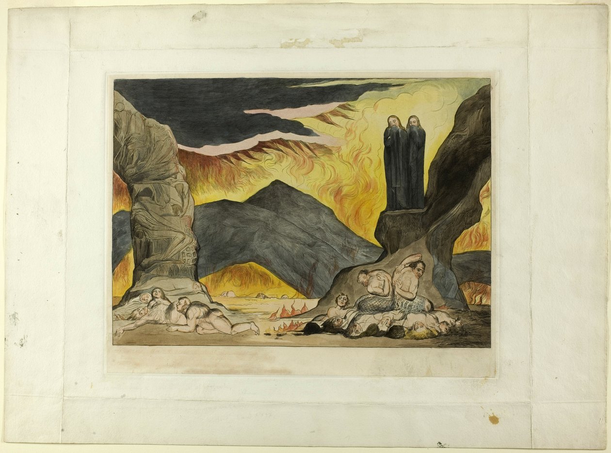 O Círculo dos Falsificadores: Dante e Virgílio cobrindo seus narizes por causa do fedor. Inferno, canto XXIX de William Blake