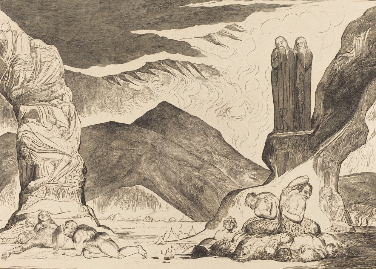 O Círculo dos Falsificadores: Dante e Virgil Cobrindo os seus narizes por causa do fedor, 1827. de William Blake